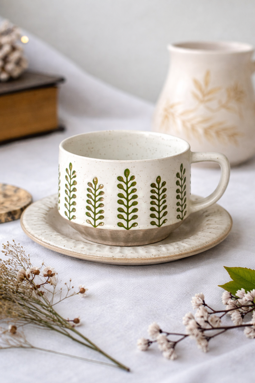 Ceramic Mug & Plate Set β Green Leaves