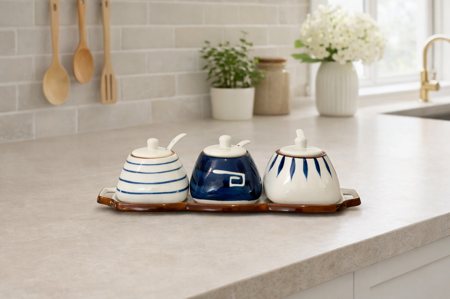 Ceramic Condiment Jar Set with Tray