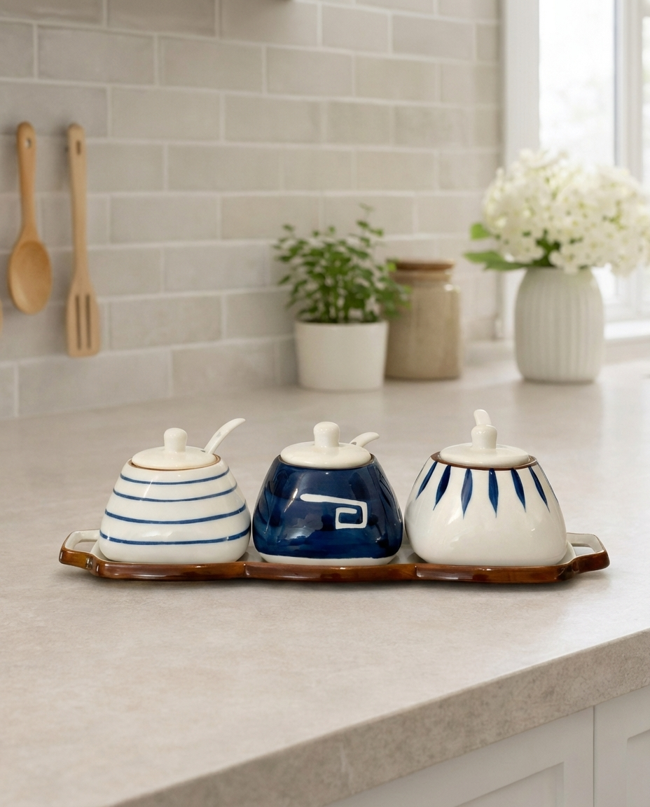 Ceramic Condiment Jar Set with Tray