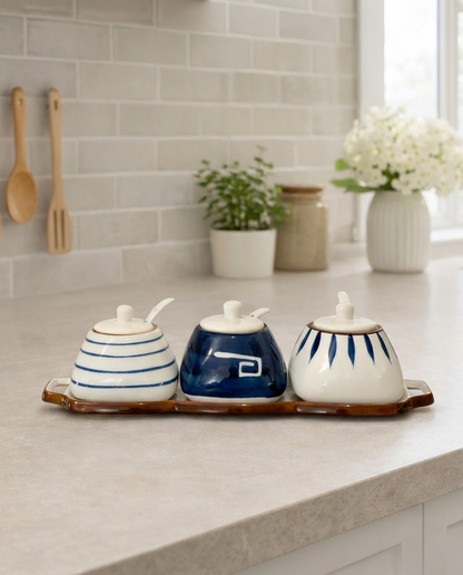 Ceramic Condiment Jar Set with Tray