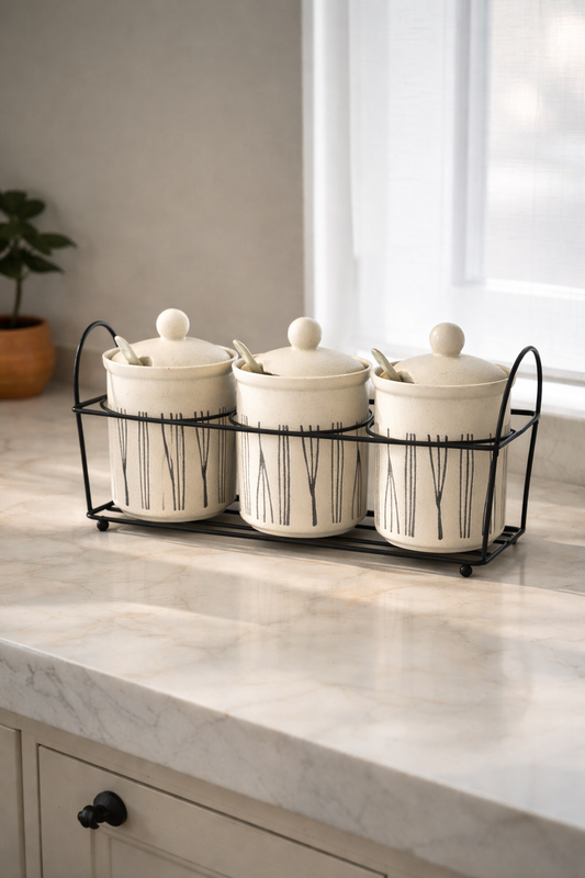 Ceramic Kitchen Jar Set with Metal Stand