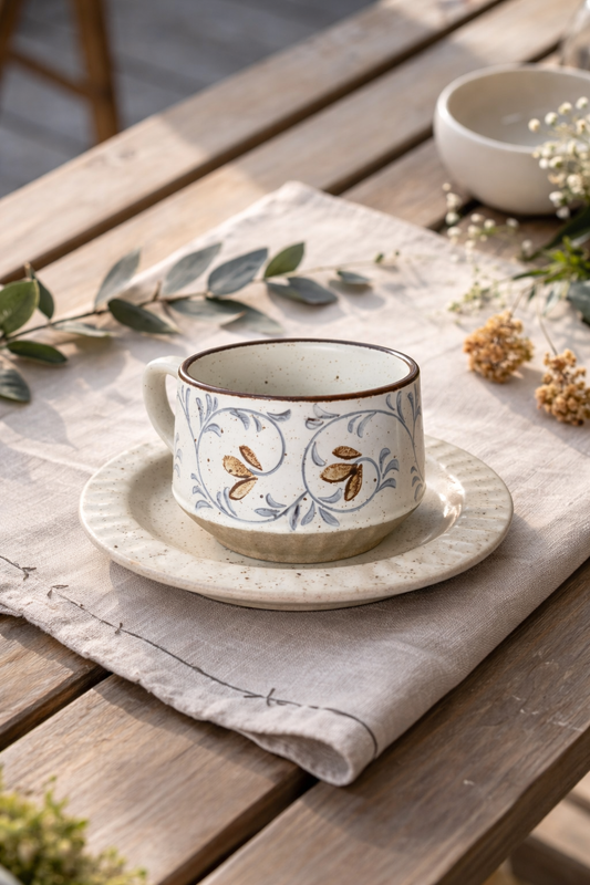 Rustic Ceramic Cup & plate – Olive Pattern