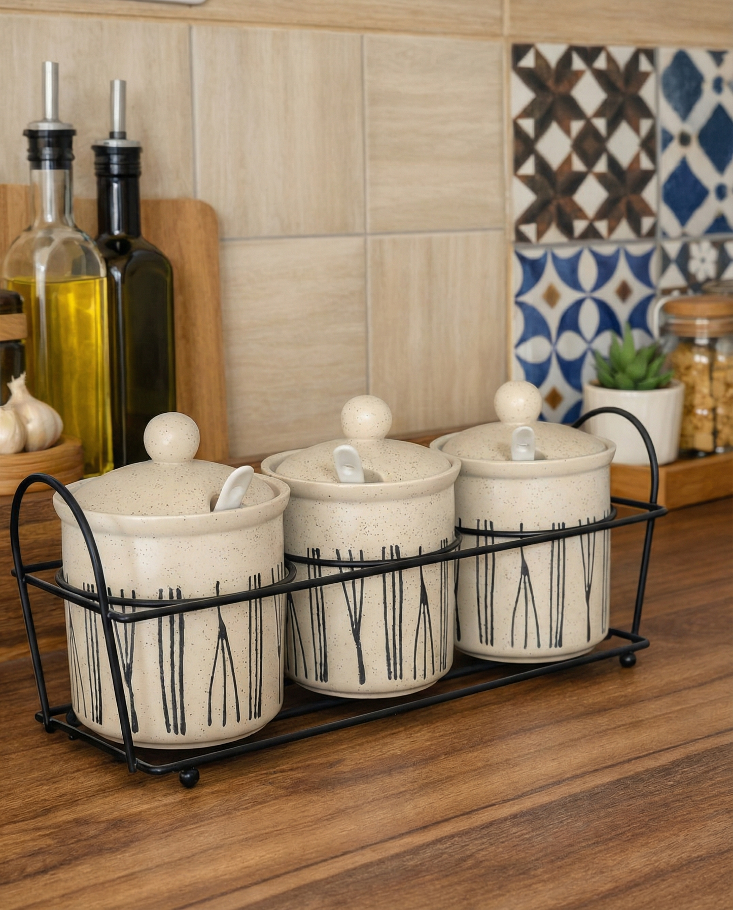 Ceramic Kitchen Jar Set with Metal Stand