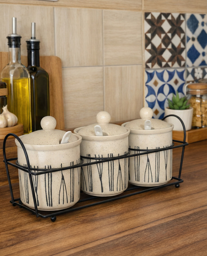 Ceramic Kitchen Jar Set with Metal Stand